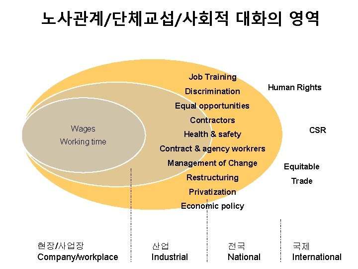 노사관계/단체교섭/사회적 대화의 영역 Job Training Discrimination Human Rights Equal opportunities Wages Working time Contractors