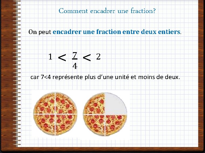 Comment encadrer une fraction? On peut encadrer une fraction entre deux entiers. 1 <