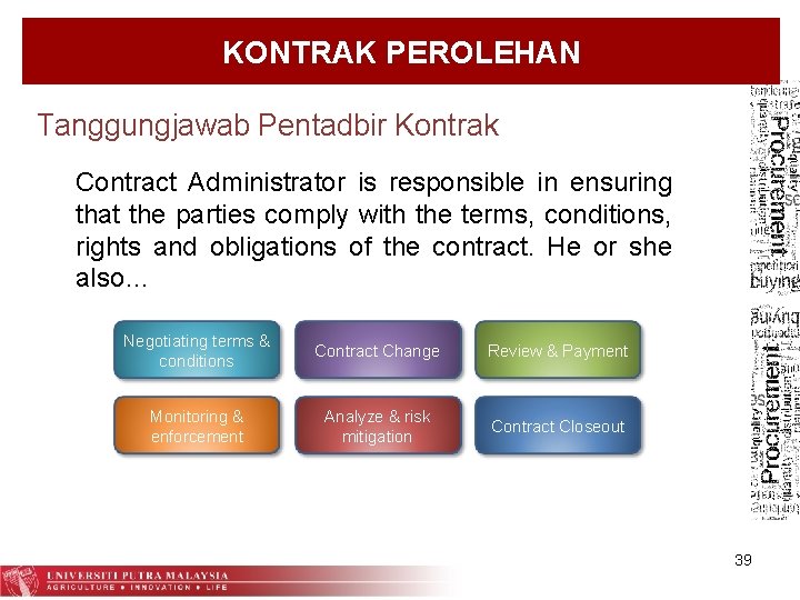 KONTRAK PEROLEHAN Tanggungjawab Pentadbir Kontrak Contract Administrator is responsible in ensuring that the parties