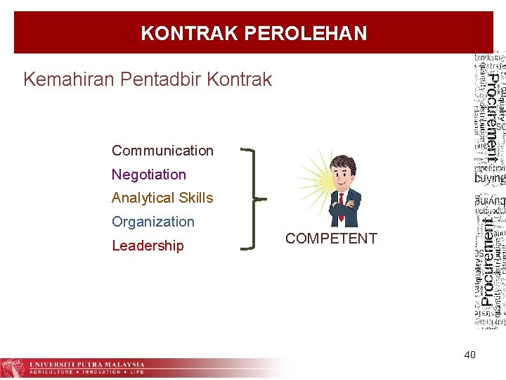 KONTRAK PEROLEHAN Kemahiran Pentadbir Kontrak Communication Negotiation Analytical Skills Organization Leadership COMPETENT 40 