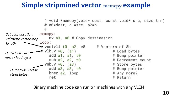 Simple stripmined vector memcpy example Set configuration, calculate vector strip length Unit-stride vector load