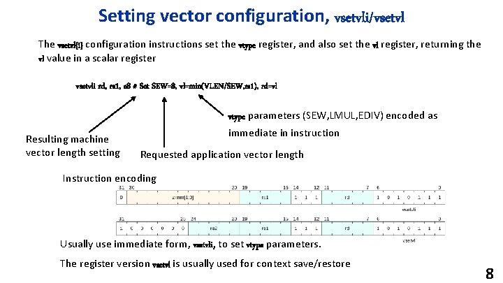 Setting vector configuration, vsetvli/vsetvl The vsetvl{i} configuration instructions set the vtype register, and also