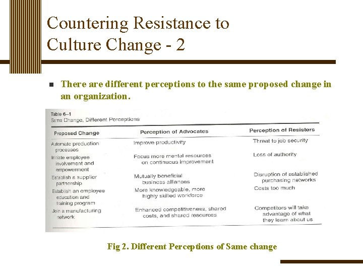 Countering Resistance to Culture Change - 2 n There are different perceptions to the