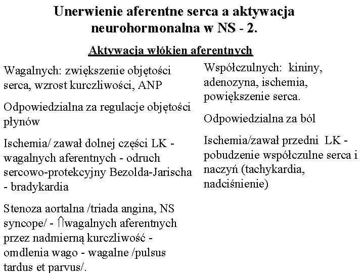 Unerwienie aferentne serca a aktywacja neurohormonalna w NS - 2. Aktywacja włókien aferentnych Współczulnych: