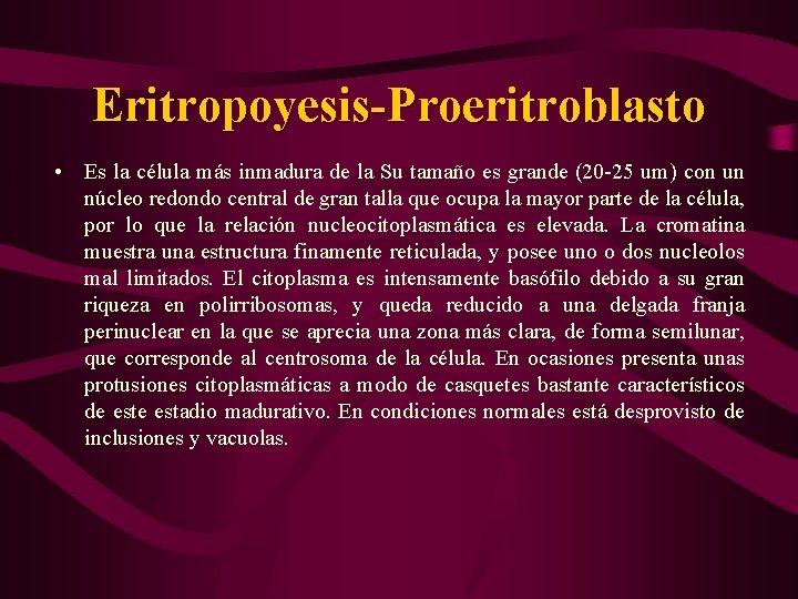 Eritropoyesis-Proeritroblasto • Es la célula más inmadura de la Su tamaño es grande (20