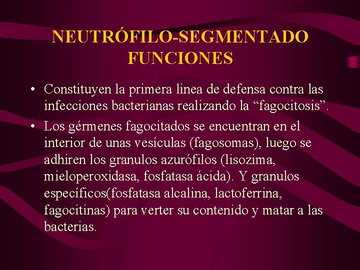 NEUTRÓFILO-SEGMENTADO FUNCIONES • Constituyen la primera linea de defensa contra las infecciones bacterianas realizando