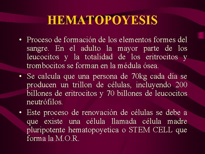 HEMATOPOYESIS • Proceso de formación de los elementos formes del sangre. En el adulto