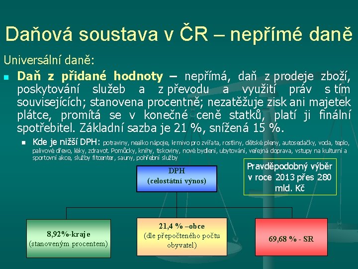 Daňová soustava v ČR – nepřímé daně Universální daně: n Daň z přidané hodnoty Daňová soustava v ČR – nepřímé daně Universální daně: n Daň z přidané hodnoty