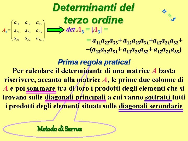 Determinanti del terzo ordine n = 3 det A 3 = |A 3| =