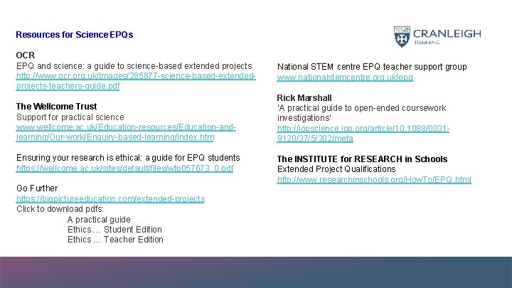 Resources for Science EPQs OCR EPQ and science: a guide to science-based extended projects