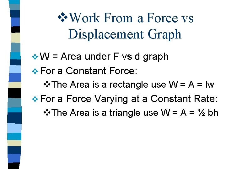 v. Work From a Force vs Displacement Graph v. W = Area under F