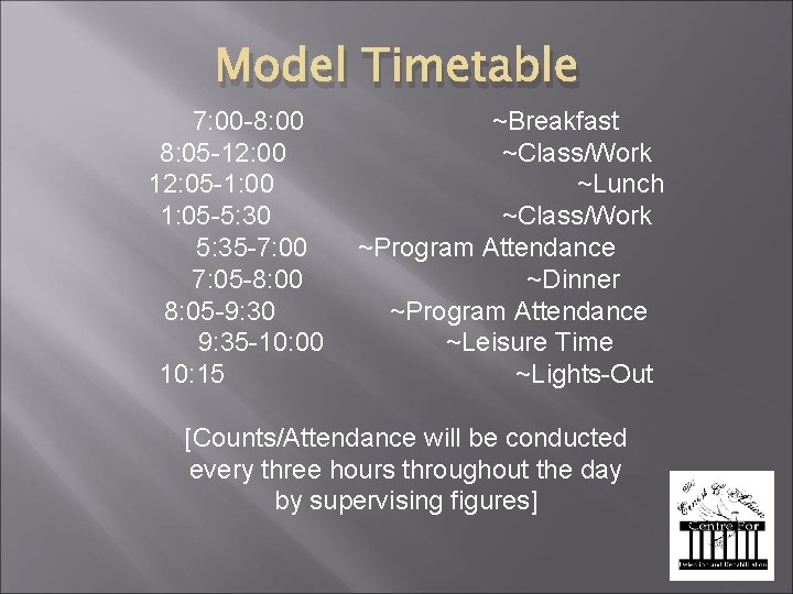 Model Timetable 7: 00 -8: 00 ~Breakfast 8: 05 -12: 00 ~Class/Work 12: 05