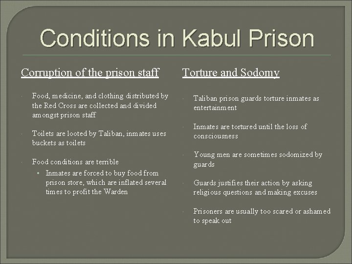 Conditions in Kabul Prison Corruption of the prison staff Food, medicine, and clothing distributed
