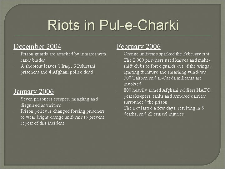 Riots in Pul-e-Charki December 2004 Prison guards are attacked by inmates with razor blades