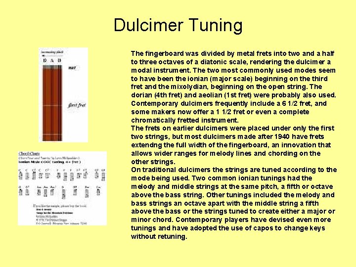 Dulcimer Tuning The fingerboard was divided by metal frets into two and a half