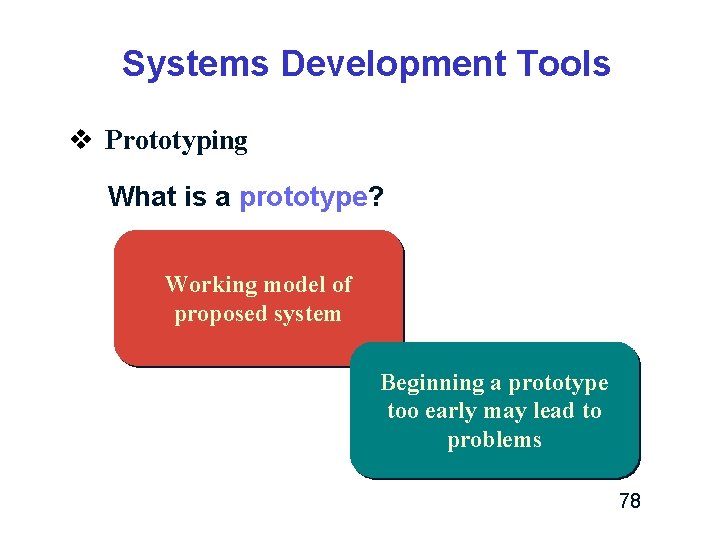 Systems Development Tools v Prototyping What is a prototype? Working model of proposed system Systems Development Tools v Prototyping What is a prototype? Working model of proposed system