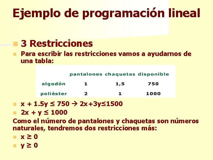 Ejemplo de programación lineal n 3 Restricciones n Para escribir las restricciones vamos a