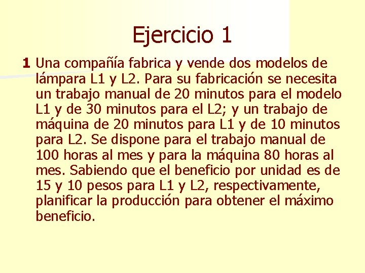 Ejercicio 1 1 Una compañía fabrica y vende dos modelos de lámpara L 1