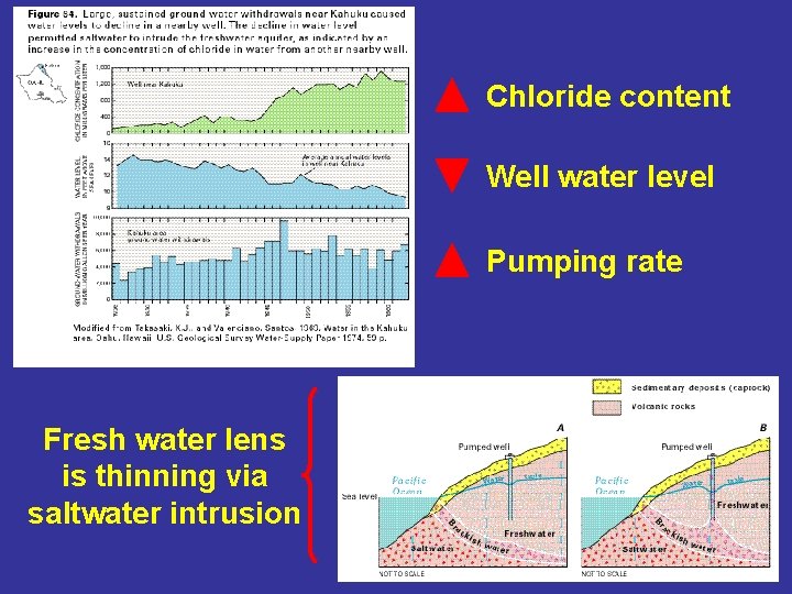 Chloride content Well water level Pumping rate Fresh water lens is thinning via saltwater