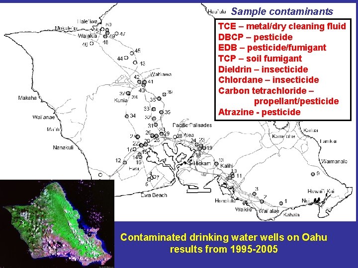 Sample contaminants TCE – metal/dry cleaning fluid DBCP – pesticide EDB – pesticide/fumigant TCP