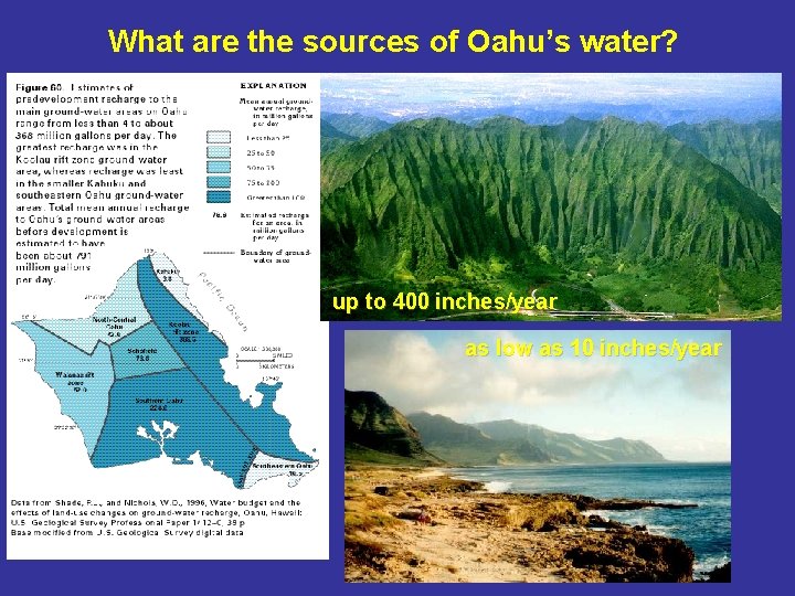 What are the sources of Oahu’s water? up to 400 inches/year as low as