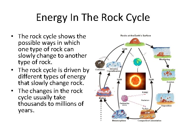 Energy In The Rock Cycle • The rock cycle shows the possible ways in