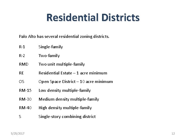 Residential Districts Palo Alto has several residential zoning districts. R-1 Single-family R-2 Two-family RMD