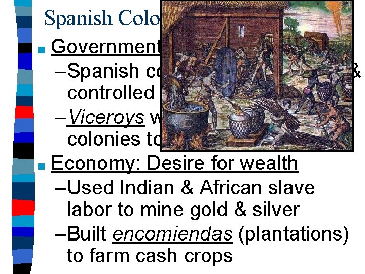 Spanish Colonies in North America Government: Royal control –Spanish colonies were funded & controlled