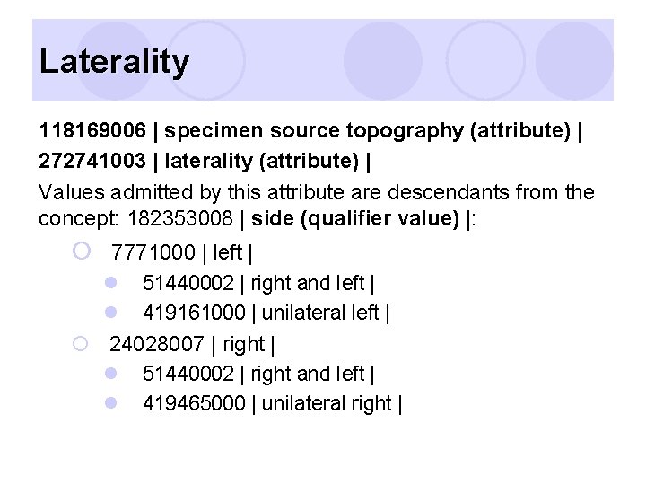 Laterality 118169006 | specimen source topography (attribute) | 272741003 | laterality (attribute) | Values