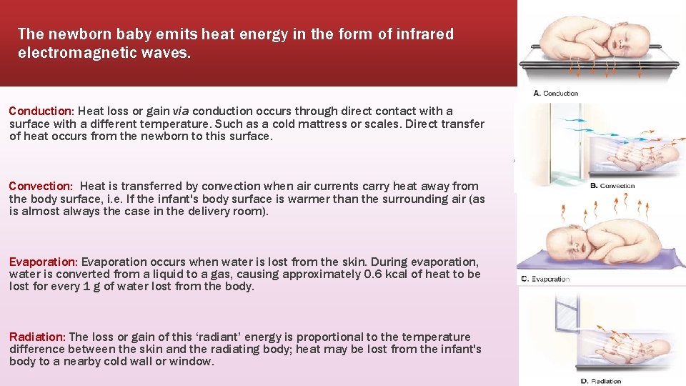 The newborn baby emits heat energy in the form of infrared electromagnetic waves. Conduction: