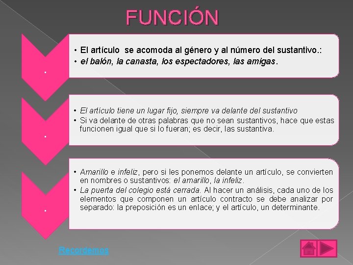 FUNCIÓN. . . • El artículo se acomoda al género y al número del