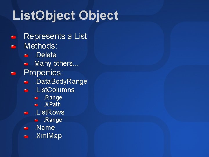 List. Object Represents a List Methods: . Delete Many others… Properties: . Data. Body.