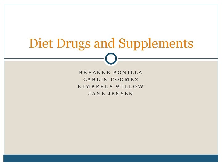 Diet Drugs and Supplements BREANNE BONILLA CARLIN COOMBS KIMBERLY WILLOW JANE JENSEN 