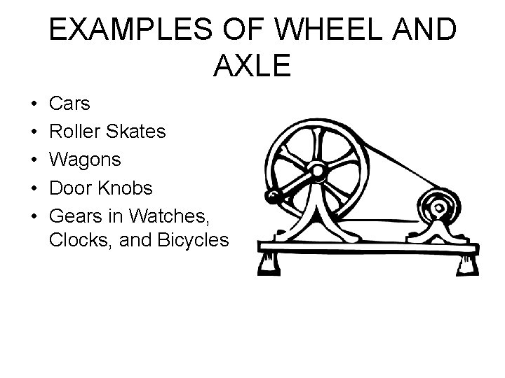 EXAMPLES OF WHEEL AND AXLE • • • Cars Roller Skates Wagons Door Knobs