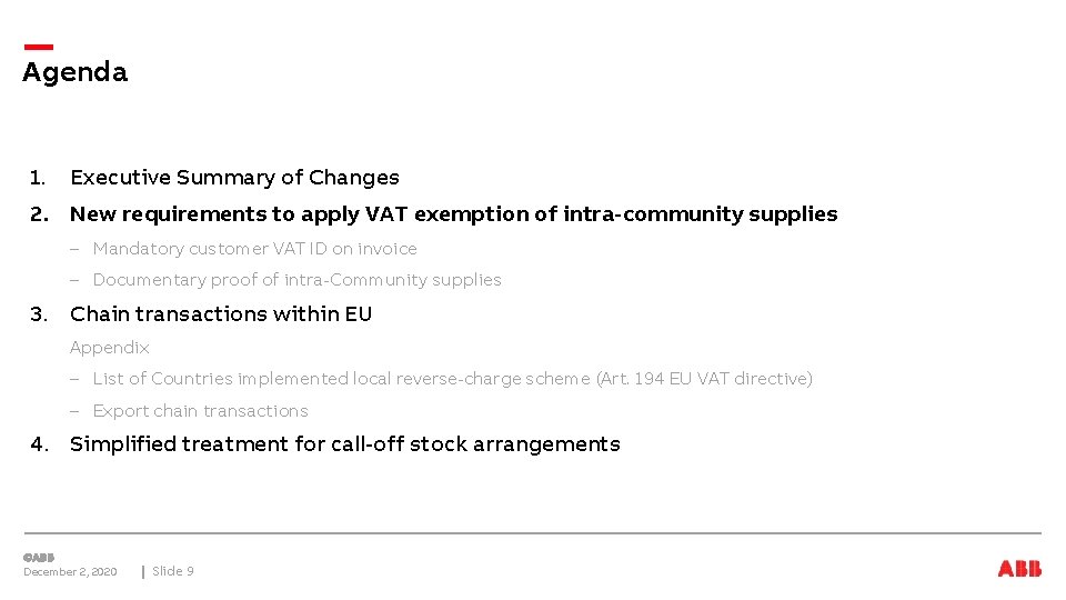 Agenda 1. Executive Summary of Changes 2. New requirements to apply VAT exemption of