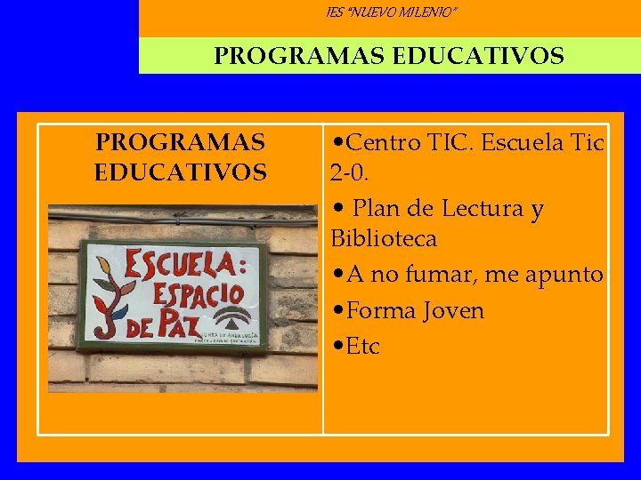 IES “NUEVO MILENIO” PROGRAMAS EDUCATIVOS • Centro TIC. Escuela Tic 2 -0. • Plan IES “NUEVO MILENIO” PROGRAMAS EDUCATIVOS • Centro TIC. Escuela Tic 2 -0. • Plan