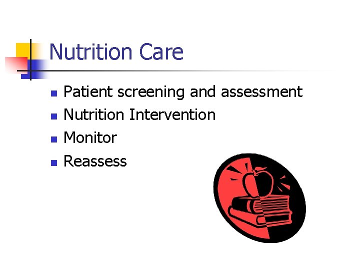 Nutrition Care n n Patient screening and assessment Nutrition Intervention Monitor Reassess 
