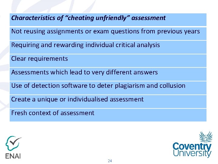 Characteristics of “cheating unfriendly” assessment Not reusing assignments or exam questions from previous years