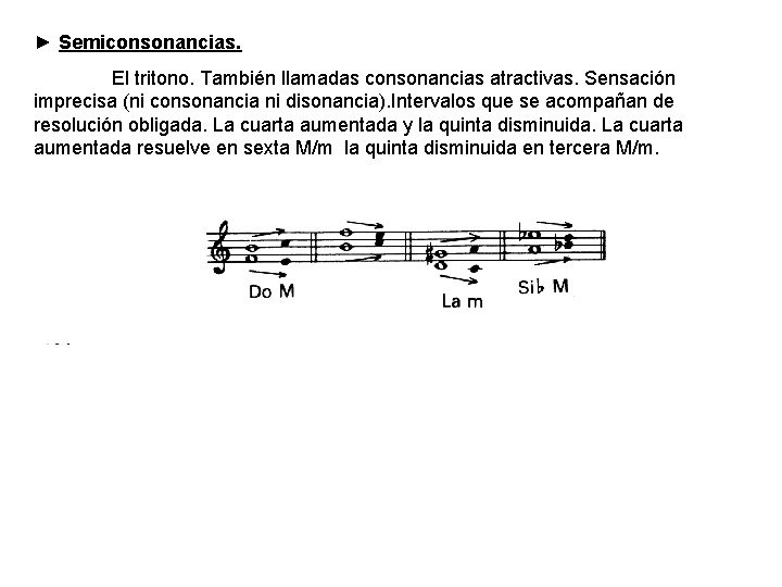 ► Semiconsonancias. El tritono. También llamadas consonancias atractivas. Sensación imprecisa (ni consonancia ni disonancia). ► Semiconsonancias. El tritono. También llamadas consonancias atractivas. Sensación imprecisa (ni consonancia ni disonancia).