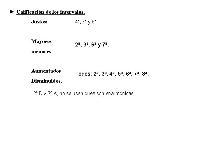 ► Calificación de los intervalos. Justos: Mayores 4ª, 5ª y 8ª 2ª, 3ª, 6ª ► Calificación de los intervalos. Justos: Mayores 4ª, 5ª y 8ª 2ª, 3ª, 6ª