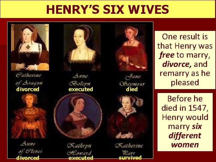 HENRY’S SIX WIVES divorced executed died One result is that Henry was free to