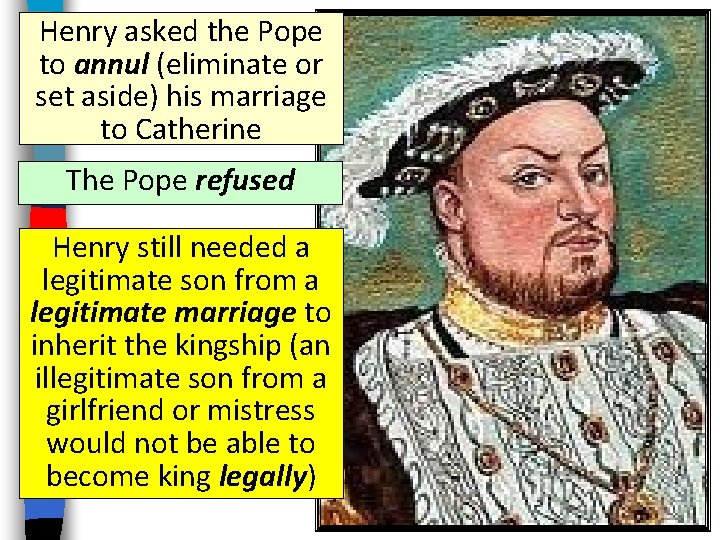 Henry asked the Pope to annul (eliminate or set aside) his marriage to Catherine