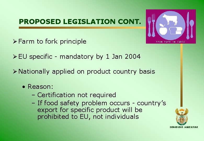 PROPOSED LEGISLATION CONT. Ø Farm to fork principle Ø EU specific - mandatory by