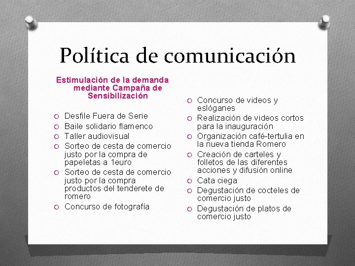 Política de comunicación Estimulación de la demanda mediante Campaña de Sensibilización Desfile Fuera de