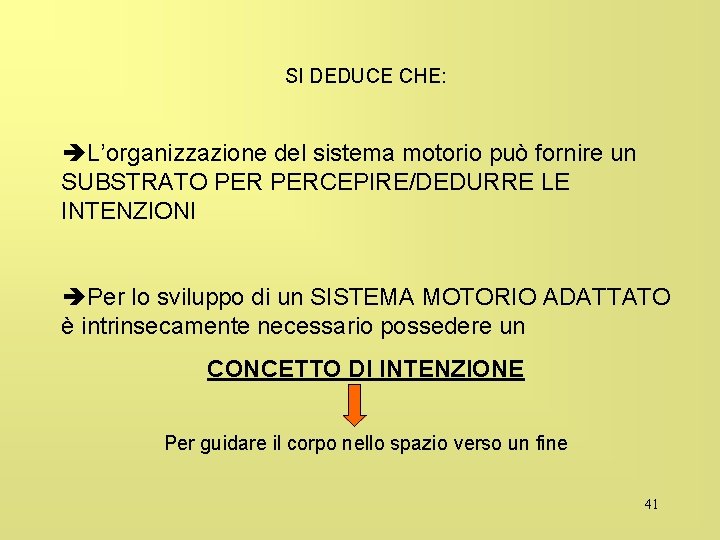 SI DEDUCE CHE: èL’organizzazione del sistema motorio può fornire un SUBSTRATO PERCEPIRE/DEDURRE LE INTENZIONI