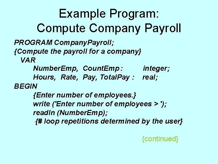 Example Program: Compute Company Payroll PROGRAM Company. Payroll; {Compute the payroll for a company} Example Program: Compute Company Payroll PROGRAM Company. Payroll; {Compute the payroll for a company}