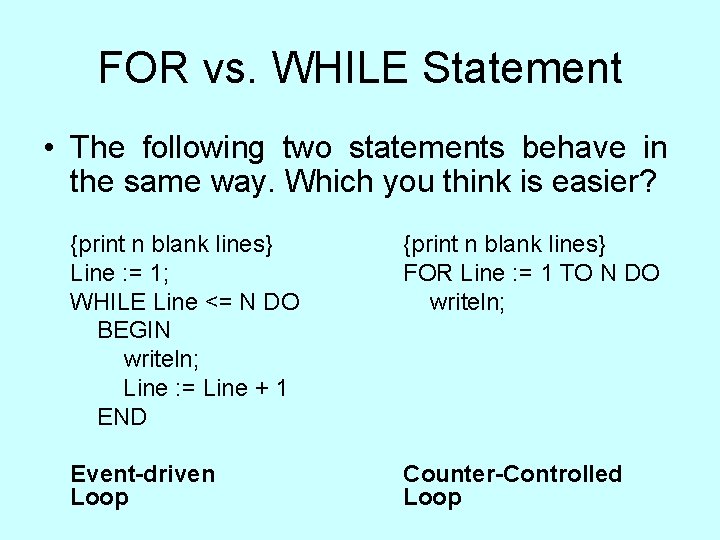 FOR vs. WHILE Statement • The following two statements behave in the same way. FOR vs. WHILE Statement • The following two statements behave in the same way.