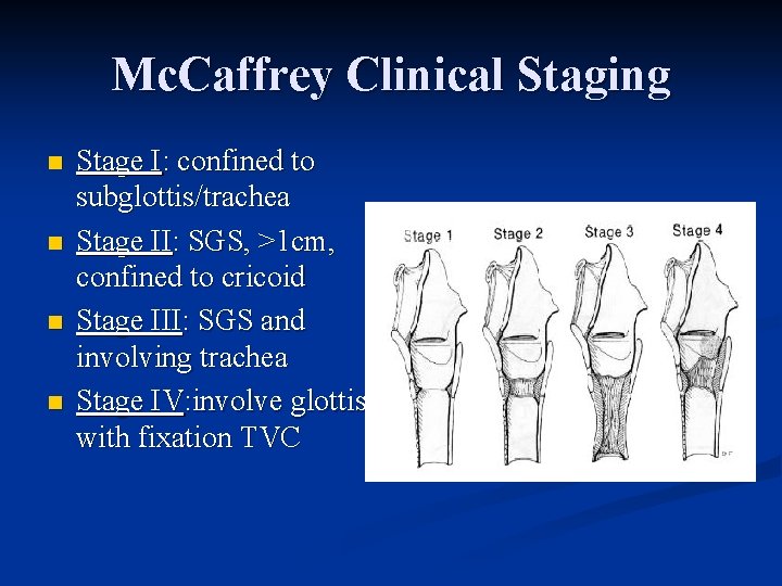 Mc. Caffrey Clinical Staging n n Stage I: confined to subglottis/trachea Stage II: SGS,