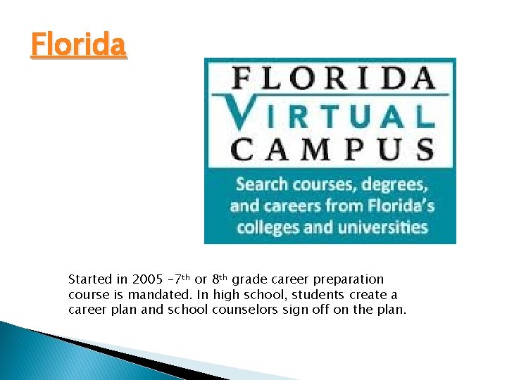Florida Started in 2005 – 7 th or 8 th grade career preparation course Florida Started in 2005 – 7 th or 8 th grade career preparation course
