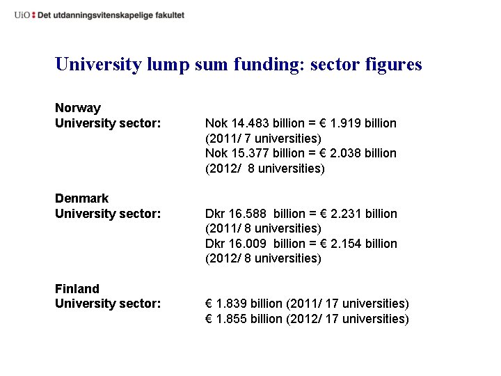 University lump sum funding: sector figures Norway University sector: Denmark University sector: Finland University
